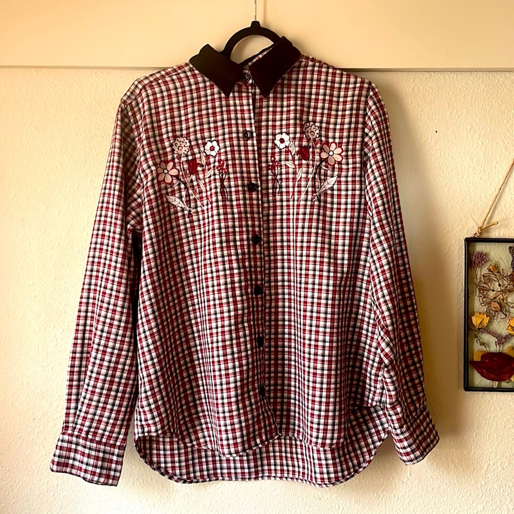 Vintage Bonworth plaid long sleeve button down with velvet collar